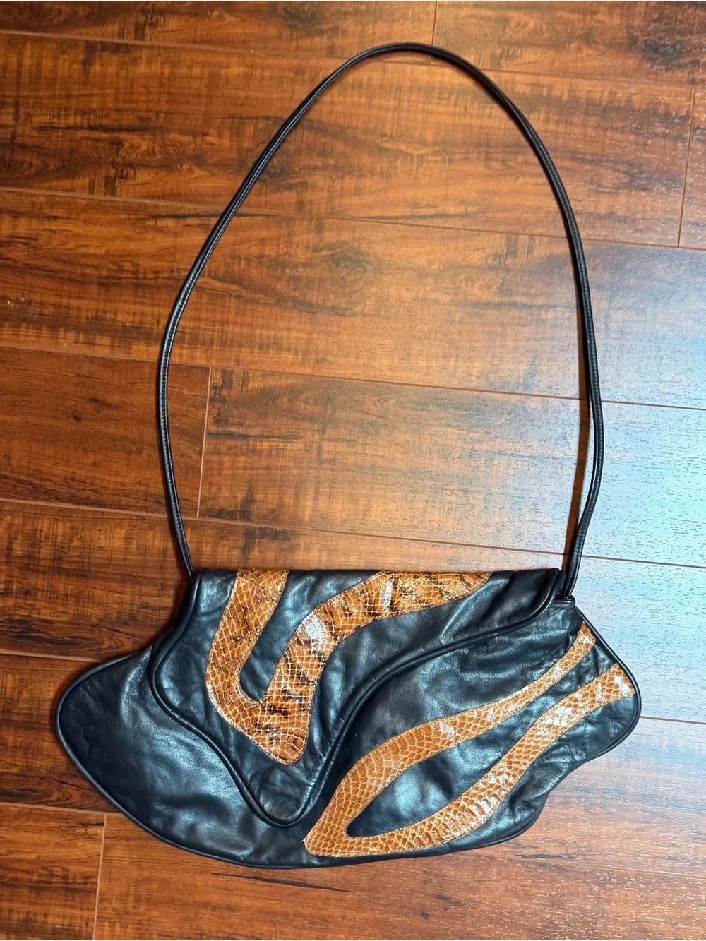 Vintage Black Soft Leather Shoulder Bag Snakeskin Inlay Slouch Hobo Boho Artisan
